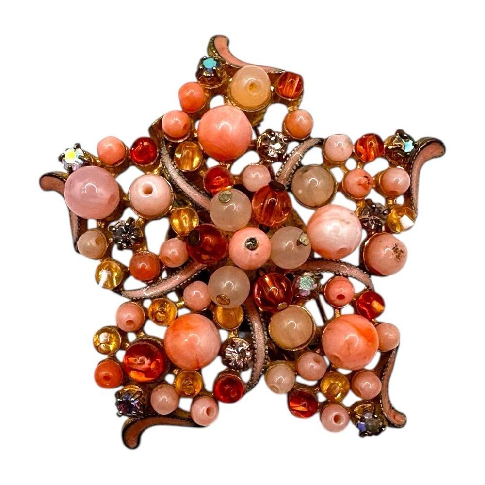 Stunning Vintage Coral & Pink Enameled & Bead Cluster Star Brooch